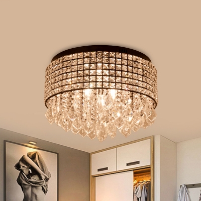 Black Drum Flush Mount Ceiling Light Simplicity Crystal 5 Bulbs Bedroom Flushmount with Opulent Pendeloques