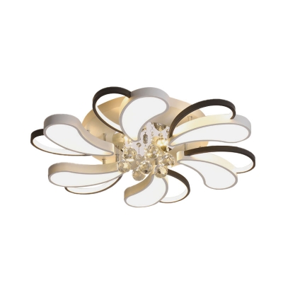 Black-White Flower Blossom Flush Light Contemporary Iron Bedroom LED Close to Ceiling Lamp with Crystal Drop
