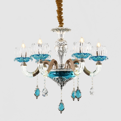 Blue 6-Bulb Ceiling Chandelier Mid Century Crystal Glass Flower Hanging Pendant Light