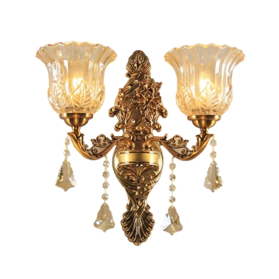 Brass 2-Light Wall Light Fixture Rustic Ribbed Glass Bell Shade Wall Sconce Lighting for Living Room