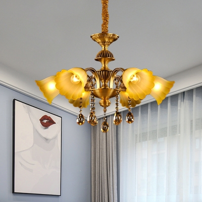 Brass 6 Heads Ceiling Chandelier Postmodern Amber Glass Drooping Bell Hanging Lamp