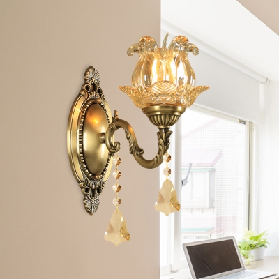 Brass Finish 1/2-Light Wall Mounted Lamp Mid Century Clear Ruffle Glass Floral Wall Lighting