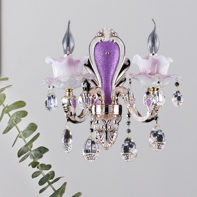 Candle Crystal Droplet Wall Mounted Lamp Traditional 1/2-Head Living Room Wall Light Fixture in Purple