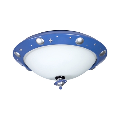 Cartoon LED Flushmount with White Glass Shade Blue Finish Domed Ceiling Mounted Fixture