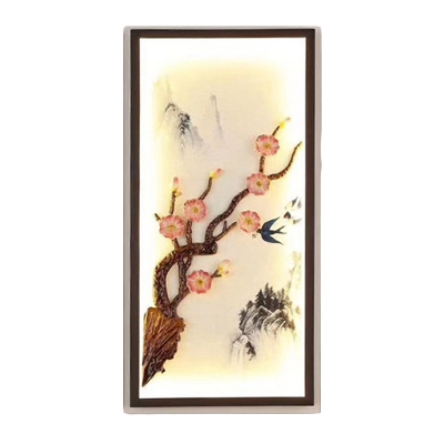 Ceramic Plum Branch Mural Lamp Chinese Black and Pink LED Wall Light Fixture for Bedroom