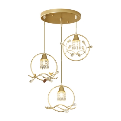 Circular Dining Table Cluster Pendant Postmodern Metal 3-Bulb Gold Hanging Lamp with Crystal Accent