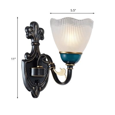 Clear Ribbed Glass Black-Blue Sconce Scalloped Bell 1/2-Bulb Traditional Wall Mounted Lighting