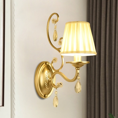 Cone Gathered Fabric Wall Sconce Contemporary Single-Bulb Bedroom Wall Lamp with Crystal Accent