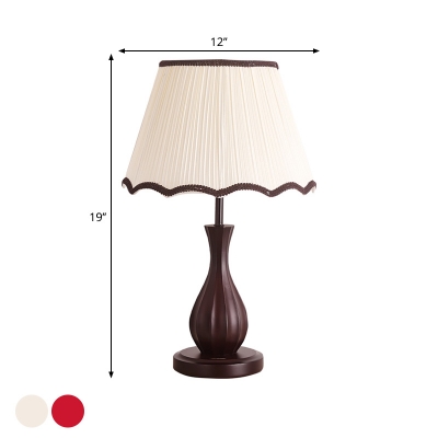 Country Style Scalloped Nightstand Lamp 1-Bulb Braided Fabric Table Lighting in White/Red for Study Room