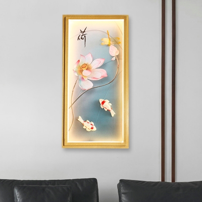 Fabric Watercolor Lotus Wall Mural Lamp Chinese Style Gold LED Wall Mounted Lighting
