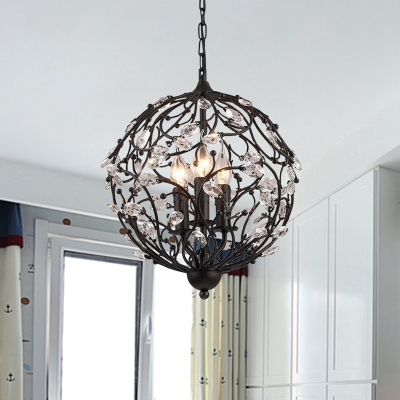 Faceted Crystal Black Hanging Chandelier Branch 3 Bulbs Traditional Ceiling Pendant Light with Global Design