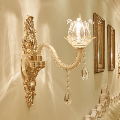 Floral Shade Corridor Wall Lighting Idea Traditional Clear Crystal Glass 1 Light Gold Wall Lamp