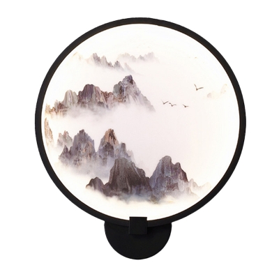 Foggy/Lakeside Mountain Mural Lamp Asia Metal Black LED Hoop Wall Sconce Lighting for Guest Room