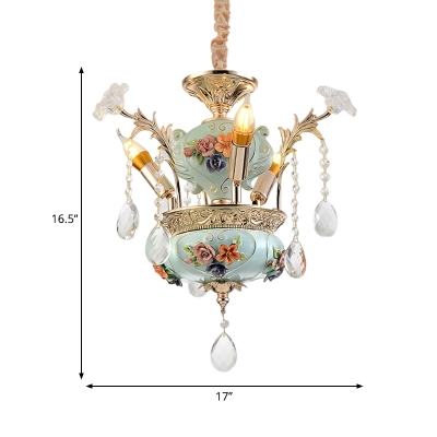 French Country Pottery Chandelier 3-Head Ceramic Hanging Lamp Kit in Blue with Dangling Crystal
