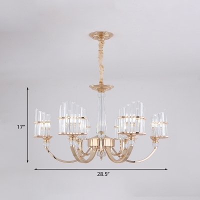 Gold Arced Panel Chandelier Lighting Modernism 6-Bulb Clear Crystal Prism Ceiling Hang Fixture
