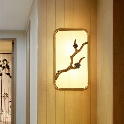 Gold Box Mural Flush Mount Wall Light Asian LED Fabric Wall Lighting with Branch Decor, 15