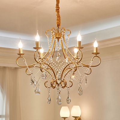 Gold Candelabra Hanging Light Fixture Rustic Metallic 6-Bulb Dining Room Chandelier with Scroll Arm and Crystal Strand