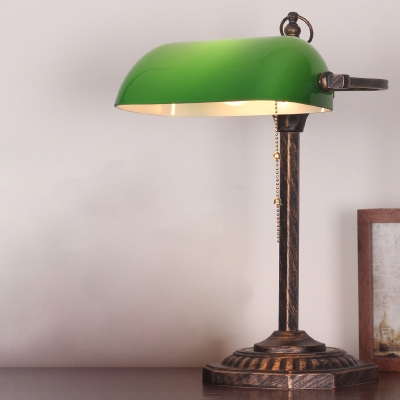 Green Glass Semi-Cylinder Banker Lamp Vintage 1-Light Studio Table Light with Pull Chain in Bronze