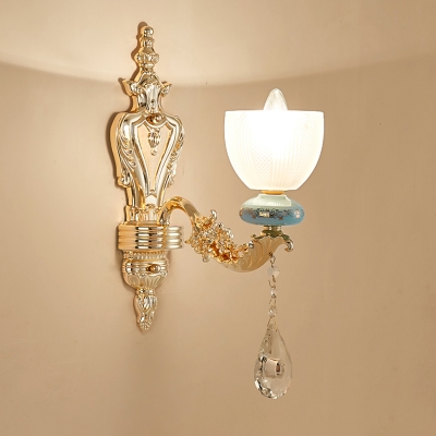 Handmade White Glass Bell Wall Light Traditional Single-Bulb Sitting Room Sconce in Gold