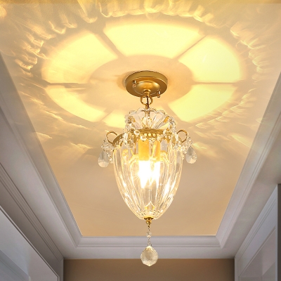 Inverted Bell Shaped Corridor Semi Flush Simple Clear Crystal Single Gold Finish Flush Ceiling Light