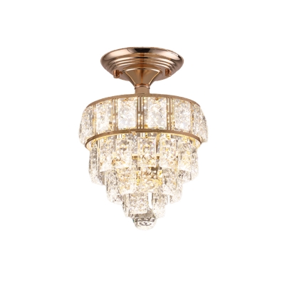 LED Tapered Semi Flushmount Traditional Gold Finish Faceted Crystal Block Close to Ceiling Light