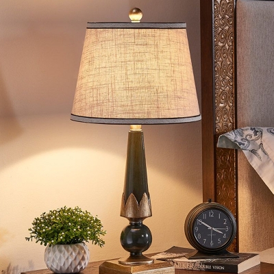 Minimalist Tapered Drum Table Light Single Fabric Nightstand Lamp with Geometric Pedestal in Green/Coffee