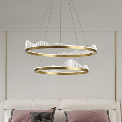 Minimalistic Circle Pendant Lighting Aluminum Bedroom LED Chandelier Lamp in Gold with Decorative Wave, Warm/White/Natural Light
