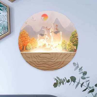 Nordic LED Wall Sconce Wood Deer at Sunrise Mural Light Flush Mount with Acrylic Shade