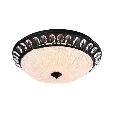 Opal Tempered Glass Bowl Ceiling Fixture Modernist Hotel LED Flush Mounted Lighting with Crystal Trim in Black