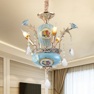 Pot Shaped Foyer Pendant Lamp Vintage Ceramic 3 Lights Blue Chandelier Lighting with Exposed Bulb Design