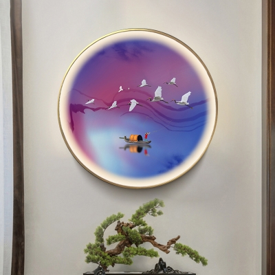 Purplish Blue Circular Wall Sconce Asian Style LED Metallic Wall Mural Light with Cranes and River Pattern