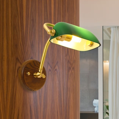 Rollover Shade Bedside Wall Banker Lamp Retro Light-Green/Green Glass 1-Bulb Brass Reading Wall Light