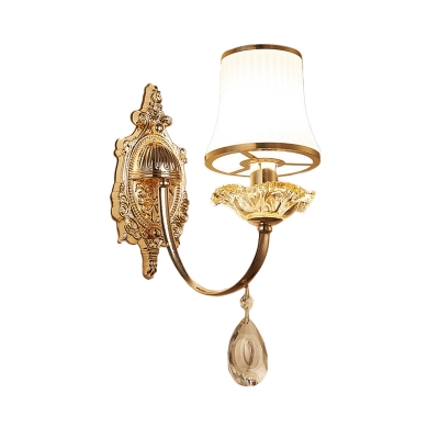 Single Flared Shade Wall Light Fixture Traditional Gold Opal Frosted Glass Sconce with Swoop Arm