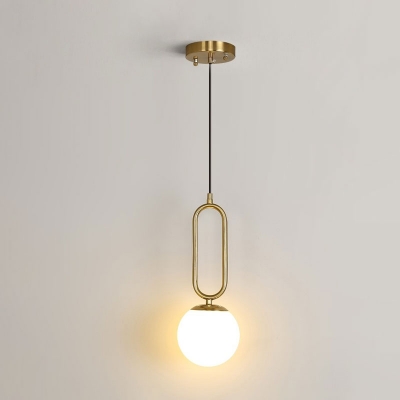Spherical Hanging Light Kit Minimalist Cream Glass 1 Bulb Gold Drop Pendant with Oblong Top