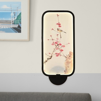 Spring Plum Flower Bedside Mural Light Acrylic Chinese LED Wall Lighting Fixture in Black