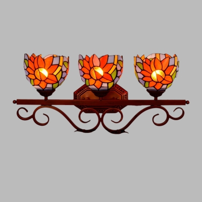 Sunflower Wall Light Kit 3 Heads Orange Glass Tiffany-Style Wall Mounted Fixture with Brown Scroll Arm