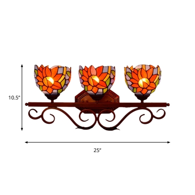 Sunflower Wall Light Kit 3 Heads Orange Glass Tiffany-Style Wall Mounted Fixture with Brown Scroll Arm