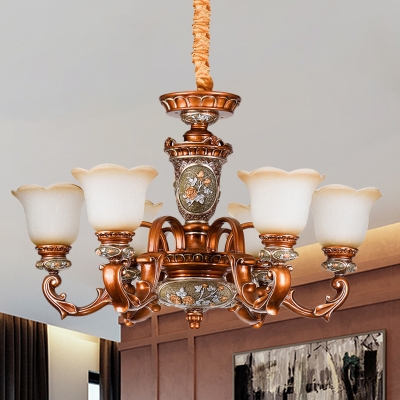 Tan Glass Brown Finish Hanging Light Kit Flower Shade 6/8 Bulbs Antiqued Up Chandelier Lamp