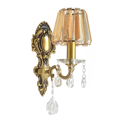Traditional Conic Wall Mount Lamp Single-Head Clear Crystal Block Wall Light in Brass