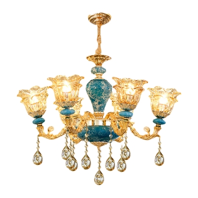 Traditional Flower Ceiling Chandelier 6 Lights Crystal Hanging Lamp Kit with Blue Cracked Ceramics Detail in Gold