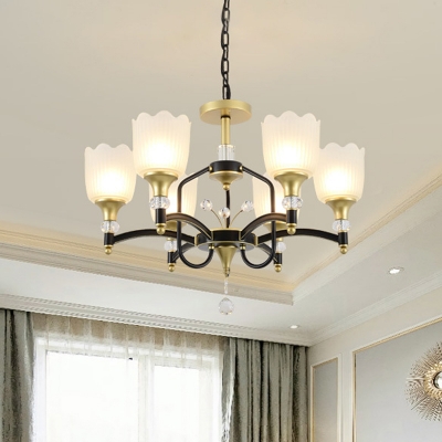Traditional Flower Shade Hanging Light Kit 3/6 Heads White Frosted Glass Pendant Chandelier in Black and Gold