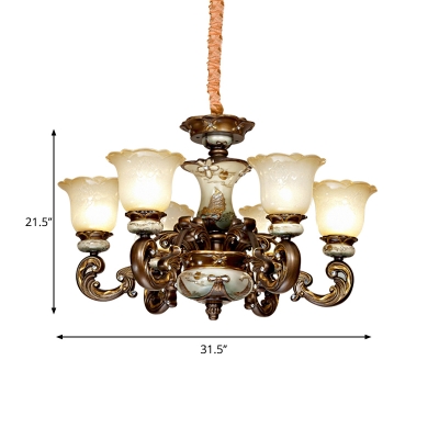 Traditional Flower Shade Up Chandelier 6/8-Light Opal Glass Ceiling Suspension Lamp with Ceramics Detail in Brown