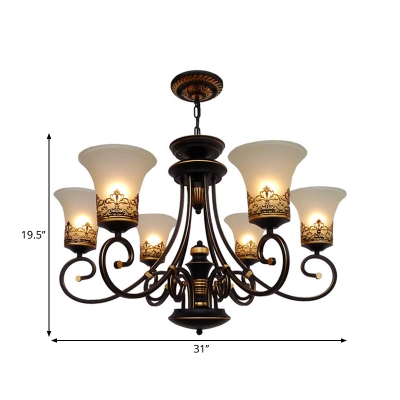 Traditional Scroll Arm Ceiling Chandelier 6/8 Bulbs Metallic Pendulum Light with Bell Frosted Opal Glass Shade in Black-Gold