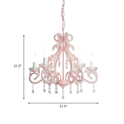 Traditional Scroll Arm Pendulum Light 6-Head Crystal Bead Candle Chandelier Pendant Lamp in Pink