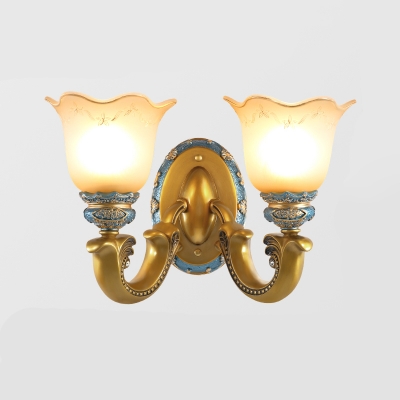 White Frosted Glass Gold Wall Lamp Flower Shade 1/2-Head Traditional Wall Lighting Idea