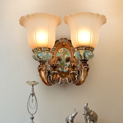 1/2-Head Frosted Glass Wall Sconce Antiqued Bronze Floral Bedroom Wall Mounted Lamp