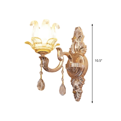 1-Bulb Frosted Glass Wall Light Kit Antique Gold Floral Bedside Wall Sconce Lighting