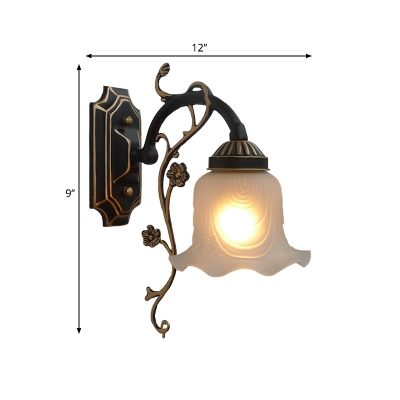 1 Light Flower Shade Wall Lighting Idea Traditional Black and Gold White Glass Branch Wall Lamp
