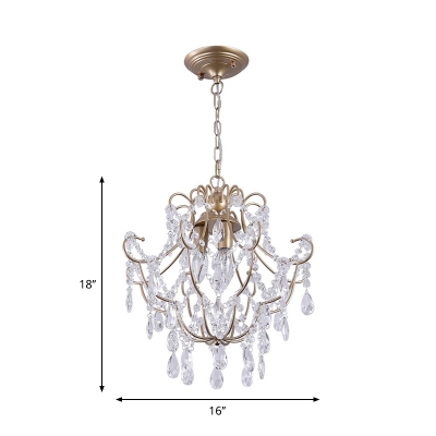 3-Bulb Crystal Chain Drop Lamp Countryside Gold Wire Cage Dining Table Pendant Chandelier