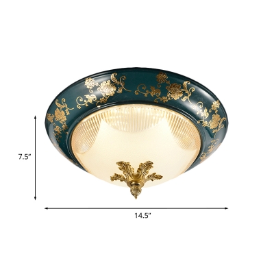 3-Bulb Peony Patterned Bowl Flush Light Vintage Green Frosted Glass Ceiling Mounted Lamp